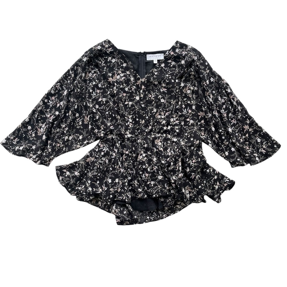 Hayden Los Angeles Women’s M Black Cream Floral 3/4 Flutter Sleeve Peplum Blouse
